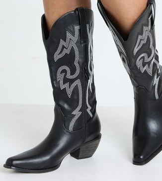 boohoo Contrast Stitch Detail Knee High Western Boots
