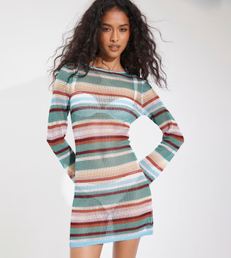 boohoo Crochet Striped Knit Beach Mini Dress