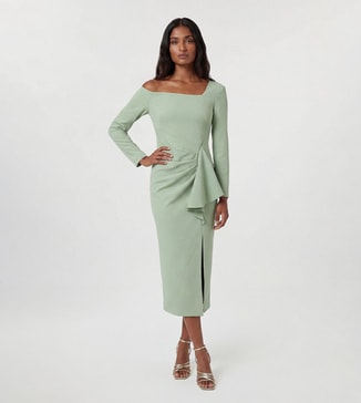 Karen Millen Petite Compact Stretch Asymmetric Neckline Draped Midi Dress