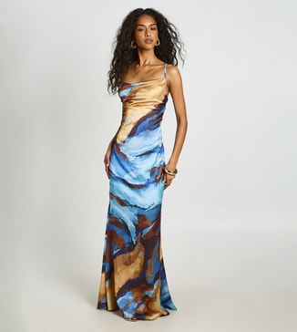 boohoo Tonal Abstract Print Cowl Neck Satin Maxi Dress