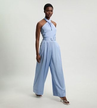 Karen Millen Premium Viscose Linen Cross Front Belted Wide Leg Jumpsuit