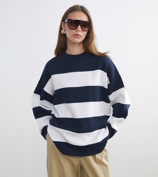 LC Waikiki Striped Crew Neck Oversized Knit Sweater