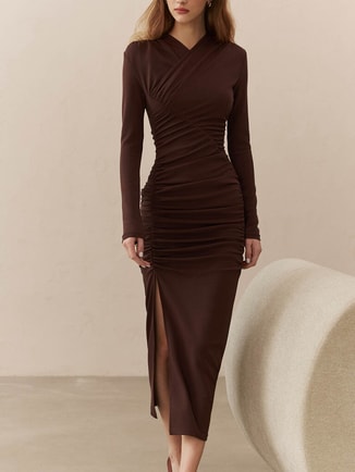 Jersey midi dress with asymmetrical gathering at the front