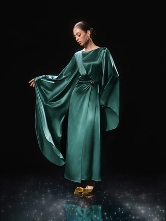 Satin maxi dress with asymmetrical sleeves