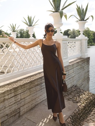 Maxi slip dress in crinkled-effect satin