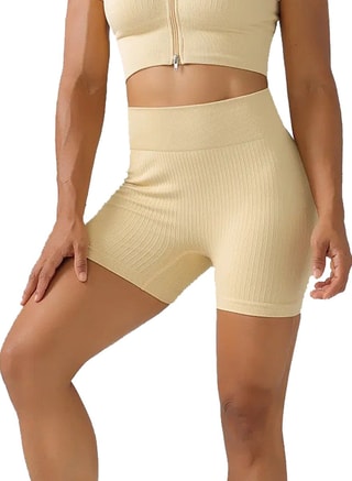 Caprisious Female Women's Seamless Wide Ribbed Fabric Mid-Thigh Length ACTIVATION Biker Shorts In Beige, Leggings