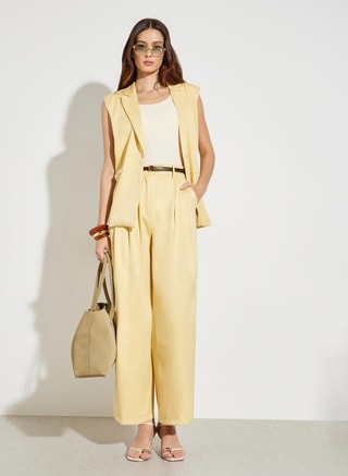 Styli Female Yellow Pleated Wide Leg Trousers, Pants