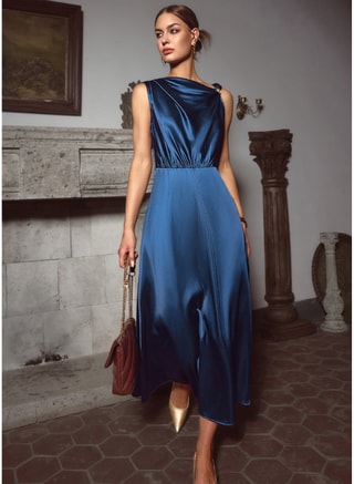 SIMPLEE Female Dress Sleeveless One Shoulder Satin Blue Navy Sky Fashion Summer Trendy Modern, Midi