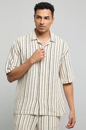 R&B Male Striped Shirt with Reverse Collar and Short Sleeves, Shirts