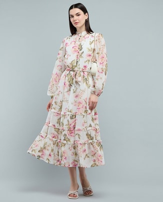 R&B Female Floral Patterned Tiered Dress with High Neck and Bishop Sleeves, Midi