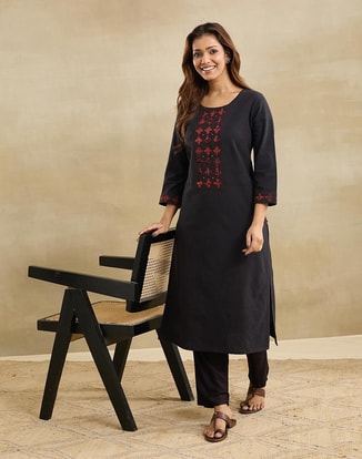 Fabindia Female Black Cotton Hand Woven Long Kurta, Kurtas