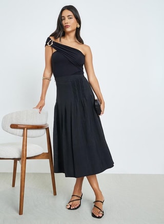 Styli Female Black Pleated Detail A-Line Midi Skirt, Midi Skirts
