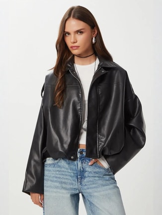 Happiness İstanbul Female ISTANBUL Faux Leather Biker Jacket with Zipper Closure, Jackets