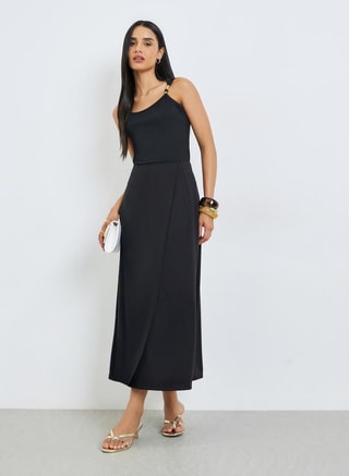 Styli Female Black Solid Asymmetric Wrap Detail Midi Skirt, Midi Skirts