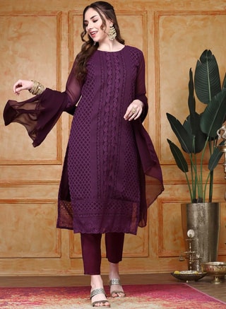 ISHIN Female Regular Fit Three-Quarter Sleeve Printed Purple Silk Woven Kurta Set For Women Flat Collar Perfect For Wedding And Engagement Pull On Closure, Indian Sets