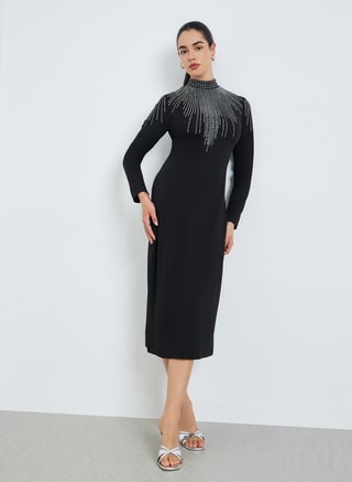Styli Female Women Black Embellished Sheath Midi Dress, Midi