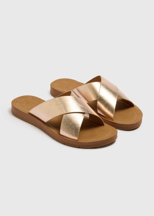 Matalan Female Soleflex Gold Cross Strap Sandals, Flat Sandals