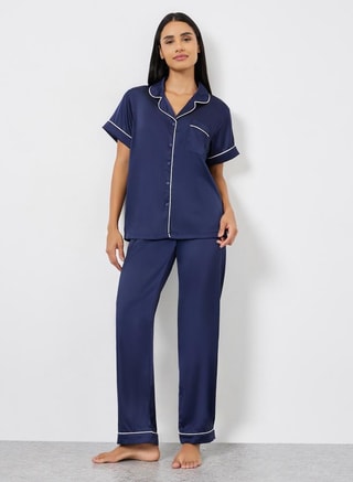 Styli Female Satin Piped Pocket Shirt and Pyjama Set, Nightwear Sets