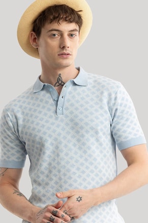 SNITCH Male Gianna Light Blue Geometric Polo T-Shirt, T-Shirts