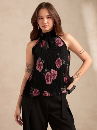 OUTZIDR Female Black Halter Neck Plisse Flared Printed Top, Tops