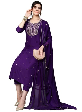 GoSriKi Female GoSriKi Women's Cotton Blend Embroidered Straight Kurta with Pant & Dupatta, Indian Sets