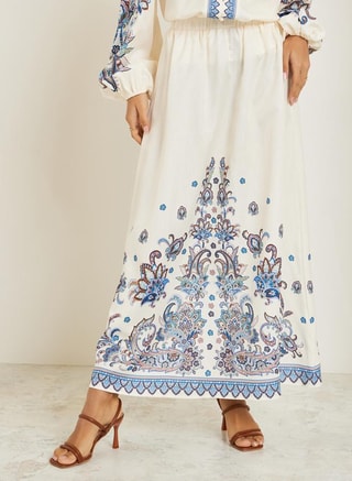 Styli Female Women Cream Printed A-Line Maxi Skirt, Maxi Skirts