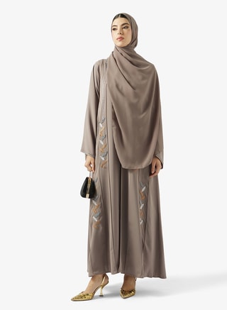 hayas closet Female Floral Embroidered Open Front V Neck Abaya, Abayas