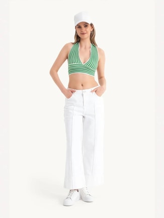 HICCUP Female Striped Deep V Neck Halter Backless Crop Top, Tops