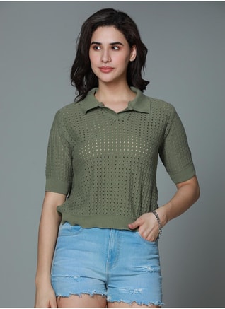 HIGH STAR Female Regular Fit Green Crochet Top for Women with Spread Collar, Polo Shirts