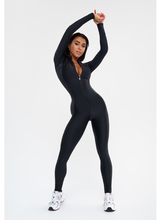 Bona Fide Female Bona Fide Premium Long Sleeve Athletic Jumpsuit for Women - Full-Body Sculpting Workout Bodysuit with Tummy Control - Professional Quarter-Zip Compression Romper for Gym & Fitness - Sleek Black, Jumpsuits