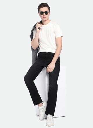 Dennis Lingo Male Men'S Black Cotton Blend Solid Pattern Full Length Straight Fit Jeans, Straight