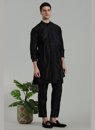 Abhishti Male Black Flap Detail Button Down Kurta, Kurtas