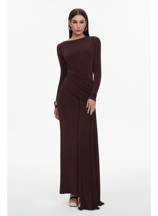 Bella Barnett Female Skyler Elegant Contour Long Sleeve Ruched High Slit Knit Brown Maxi Dress, Maxi