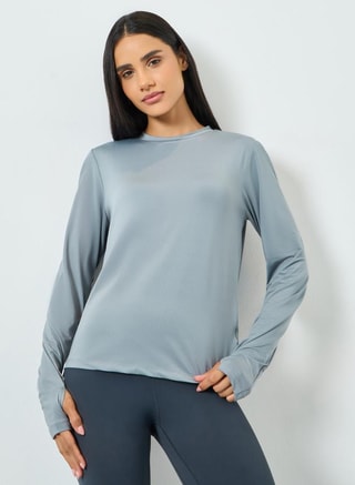 Styli Active Female Grey Textured Back Dual Stripe Long Sleeves Top, Tops