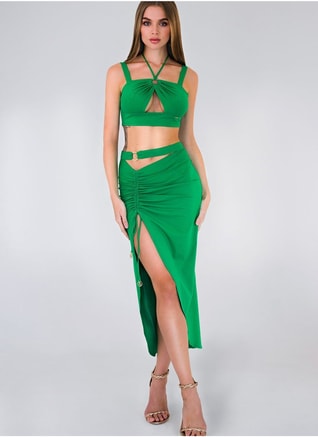 Anita's Female Halter Neck Crop Top & Skirt Set, Midi Skirts, Green