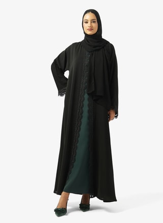 hayas closet Female Floral Lace Detailed Open Front Abaya, Abayas