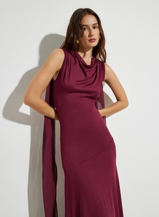 Styli Female Burgundy Cowl Neck Draped Detail Maxi Dress, Maxi