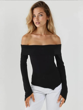 HICCUP Female Elegant Off-Shoulder Long Sleeve Slim Fit Asymmetric Top, Tops
