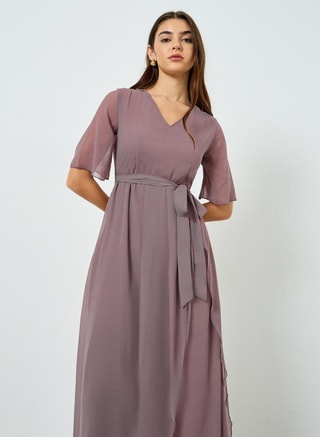 Styli Female Women V Neck Maxi Dress with Tie-Belt, Maxi