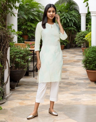 Fabindia Female Green Cotton Chikankari Knee Length Kurta, Kurtas