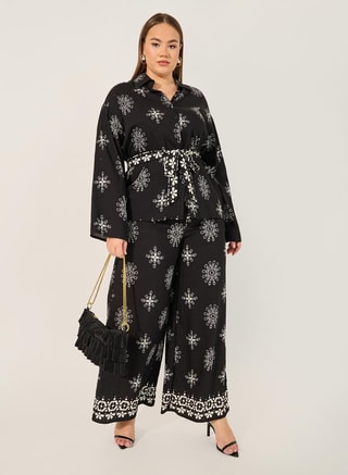 Styli Female Printed oversized Shirt & Wide Leg Trousers Set, Pants & Top Sets