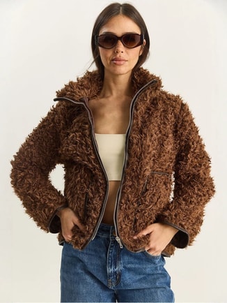 Bianco Lucci Female LUCCI Faux Leather Detailed Plush Jacket, Jackets