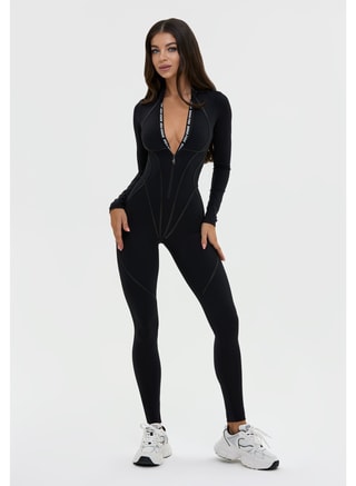 Bona Fide Female Bona Fide Premium Long Sleeve Athletic Jumpsuit for Women - Sculpting One-Piece Workout Bodysuit with Tummy Control - Elite Contouring Compression Romper for Gym & Yoga - Sleek Black, Jumpsuits