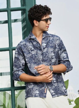 Campus Sutra Male Men's Navy Botanical Print Cotton Blend Shirt, Shirts