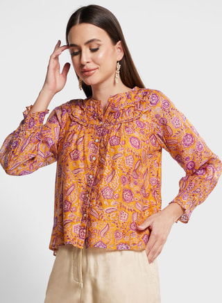 Fabindia Female Printed Button Detail Top, Blouses, Orange
