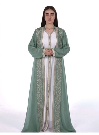 AL BENT AL SHARQIEH Female emboidered belted chiffon kaftan dress, Kaftans