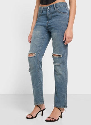 Ginger Female High Rise Relaxed Fit Ripped Jeans, Straight, Blue