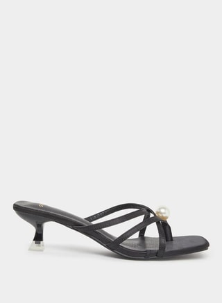 Styli Female Black Pearl Detail Kitten Heel Sandal
