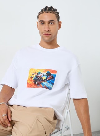 Styli Male Men White Graphic Print Oversized T-Shirt, T-Shirts