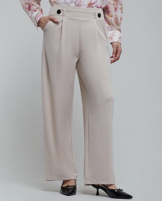 R&B Female Solid Wide Leg Trousers with Button Closure, Pants